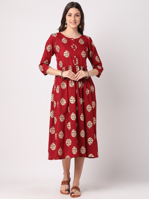 

THE NKS PLUS Maroon & Beige Ethnic Motifs A-Line Midi Dress