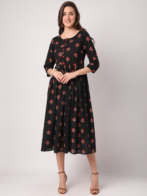 

THE NKS PLUS Black & Red Ethnic Motifs A-Line Midi Dress