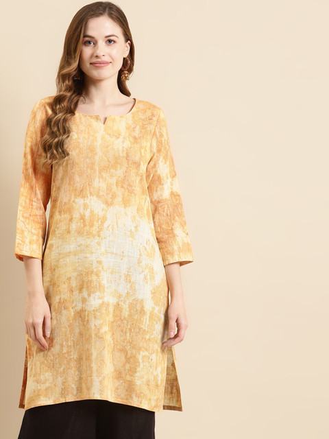 

Prakrti Women Mustard Yellow & Off White Pure Cotton Tie-Dye Print Kurta