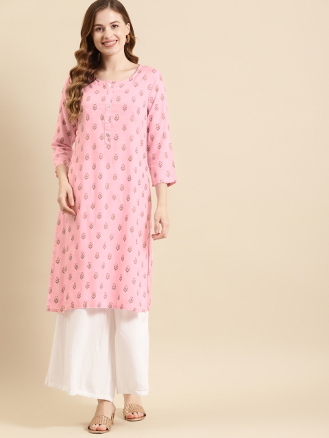 

Prakrti Women Pink & Gold-Toned Floral Print Kurta