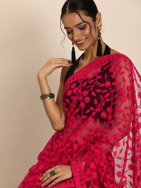 

all about you Fuchsia Floral Floral Embroidered Stone Embellished Net Saree