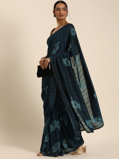 

all about you Navy Blue Ethnic Motifs Embroidered Sequinned Saree
