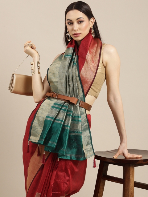 

all about you Green & Red Colourblocked Tusser Silk Sarees