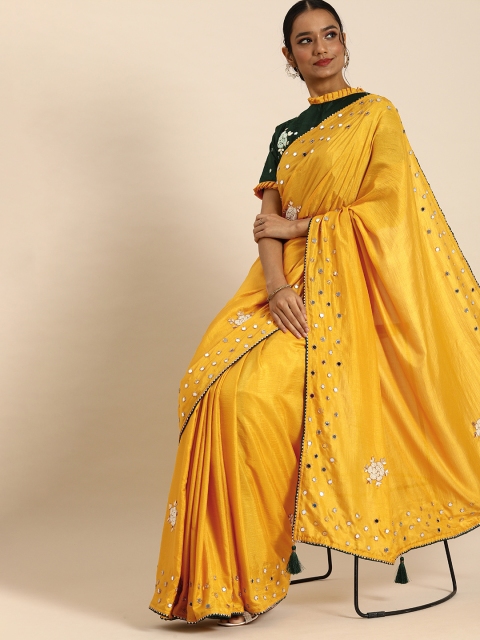 

all about you Mustard Yellow Floral Embroidered with Mirror Work Saree