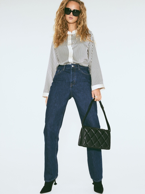 

H&M Women White Striped Wide Blouse Top