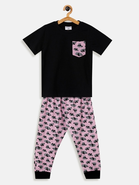 

NEO NATIVES Unisex Kids Black & Pink Colourblocked T-shirt with Pyjamas