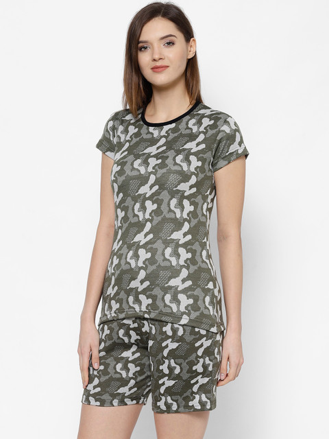 

VIMAL JONNEY Women Olive Green & Beige Printed T-shirt with Shorts