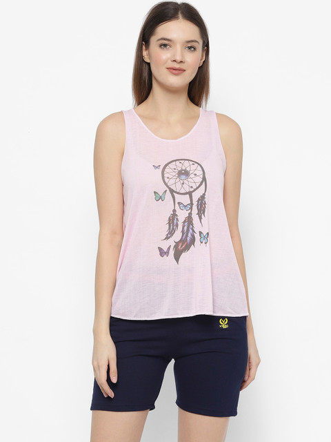 

VIMAL JONNEY Women Navy Blue & Pink Printed T-shirt with Shorts