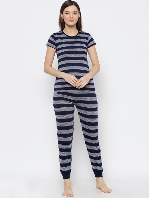 

VIMAL JONNEY Women Navy Blue & Grey Striped T-shirt with Trousers