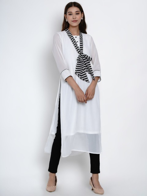 

Texco White & Black Solid Round Neck Straight Kurti