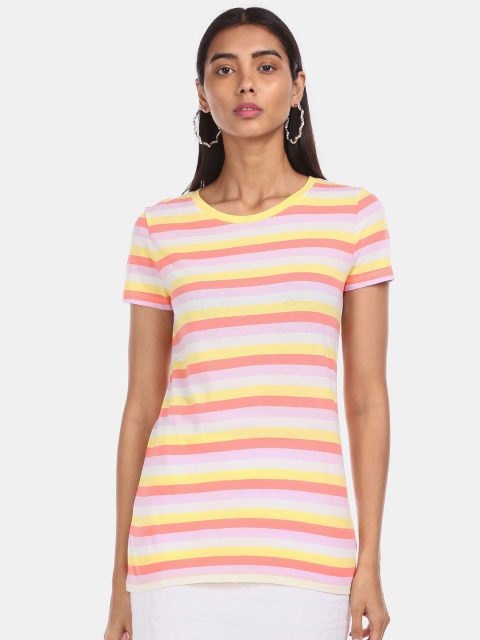 

GAP Women Yellow & Pink Striped T-shirt