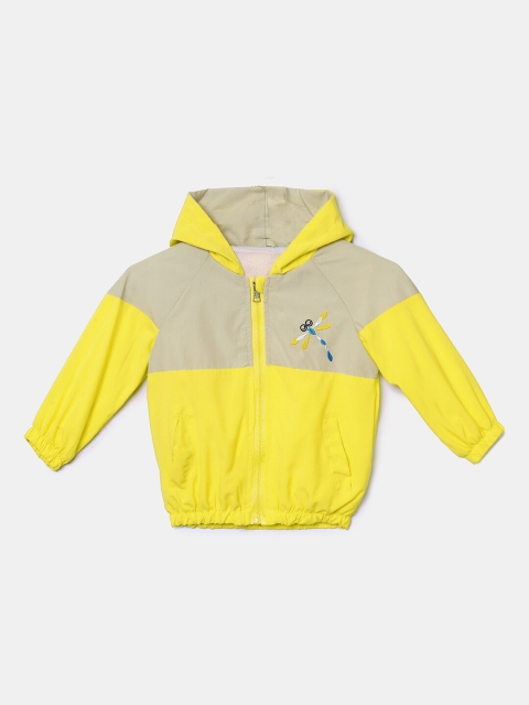 

Hopscotch Girls Yellow & Beige Colourblocked Open Front Jacket with Embroidered