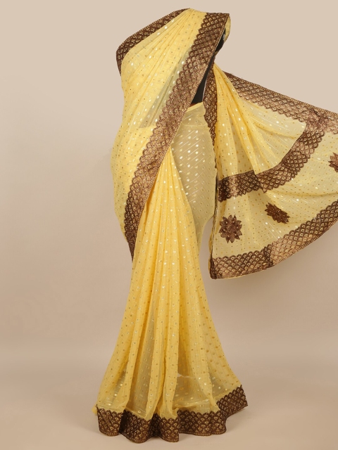 

Pothys Yellow & Brown Embellished Poly Chiffon Saree