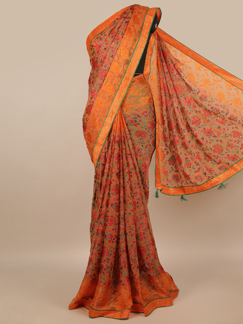 

Pothys Orange & Green Floral Beads and Stones Saree