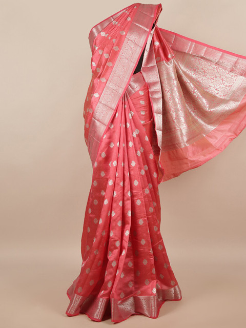 

Pothys Pink & Silver-Toned Ethnic Motifs Zari Jute Silk Saree