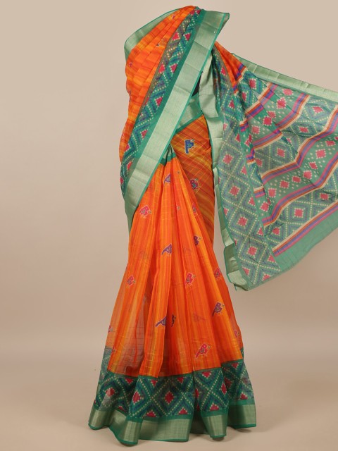 

Pothys Orange & Green Ethnic Motifs Zari Jute Silk Saree