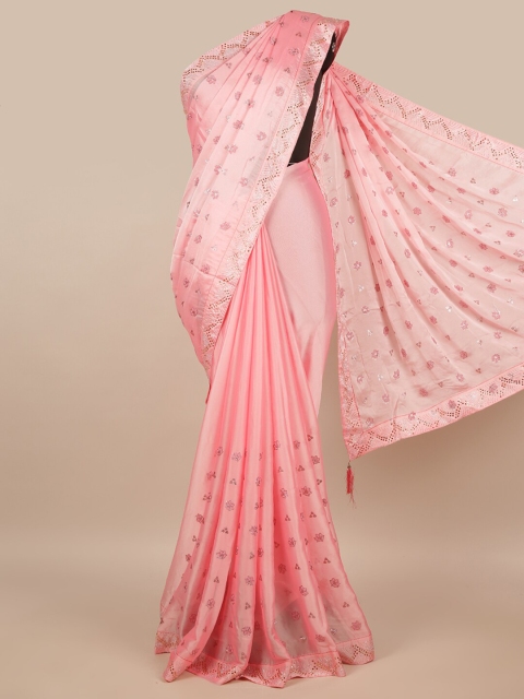 

Pothys Pink & Silver-Toned Floral Beads and Stones Embellished Saree