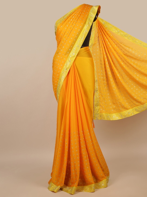 

Pothys Yellow & Silver-Toned Ethnic Motifs Beads and Stones Saree