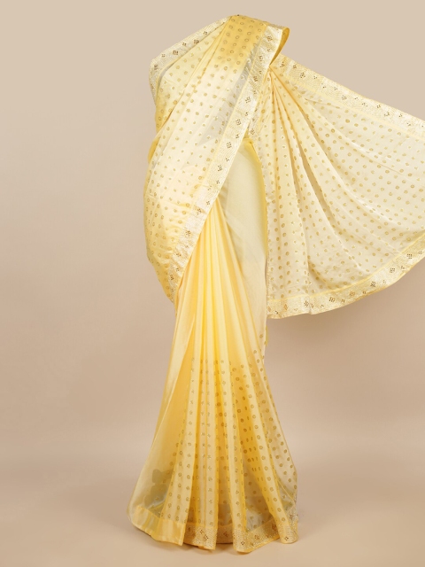 

Pothys Cream-Coloured & Gold Embellished Beads and Stones Saree