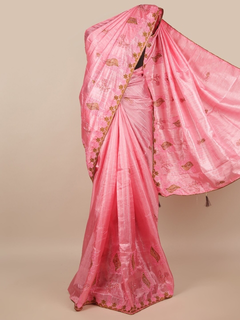 

Pothys Pink & Tan Striped Beads and Stones Saree