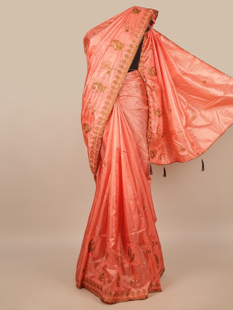 

Pothys Coral Pink & Gold-Toned Floral Saree