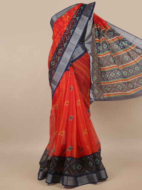 

Pothys Orange & Navy Blue Ethnic Motifs Zari Jute Silk Saree