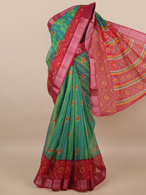 

Pothys Green & Red Zari Ajrak Print Jute Silk Saree
