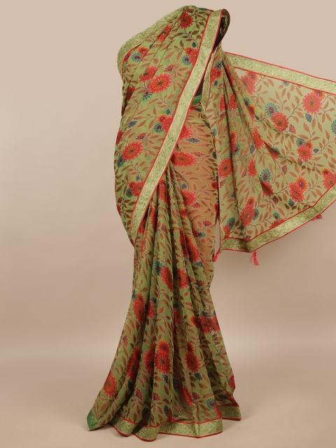 

Pothys Green & Orange Floral Sequinned Saree