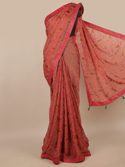 

Pothys Pink & Green Floral Beads and Stones Saree