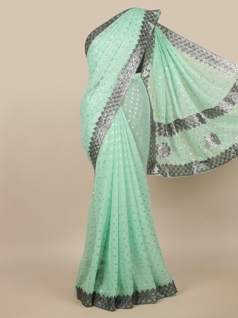 

Pothys Green & Silver-Coloured Ethnic Motifs Woven Saree