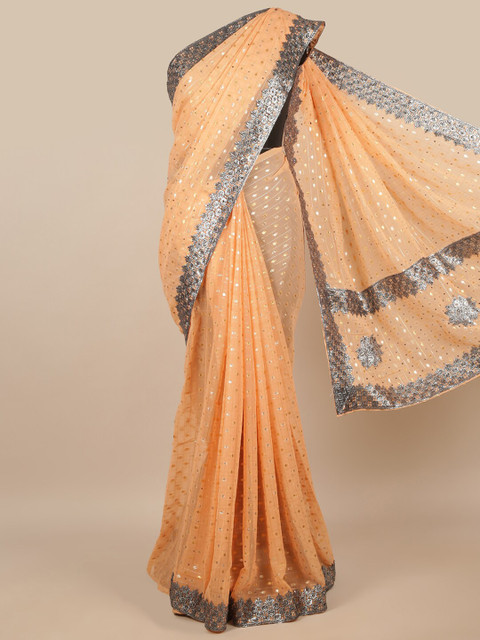 

Pothys Peach-Coloured & Grey Embellished Saree