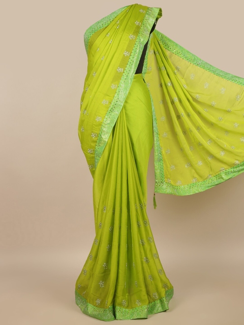 

Pothys Green & Silver-Toned Floral Beads and Stones Saree