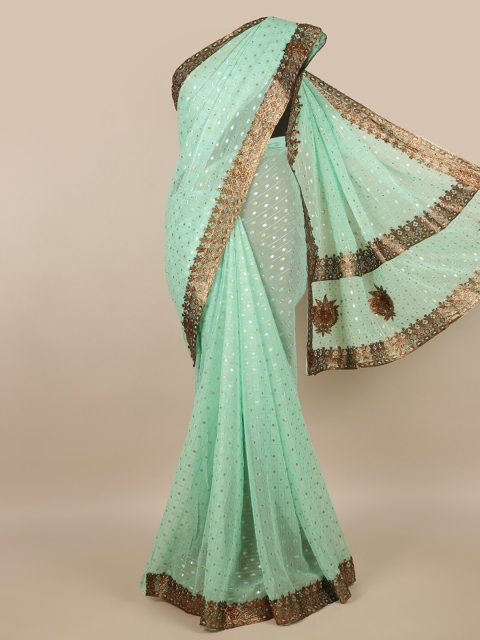 

Pothys Green & Copper-Toned Ethnic Motifs Poly Chiffon Saree