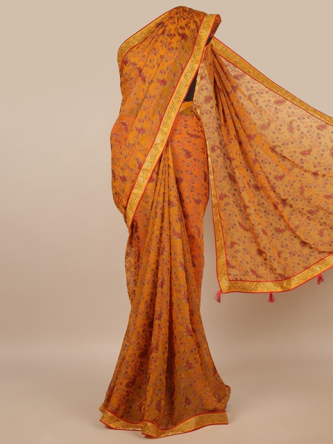 

Pothys Mustard & Pink Ethnic Motifs Beads and Stones Saree