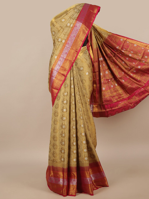 

Pothys Gold-Coloured & Red Ethnic Motifs Zari Jute Silk Saree