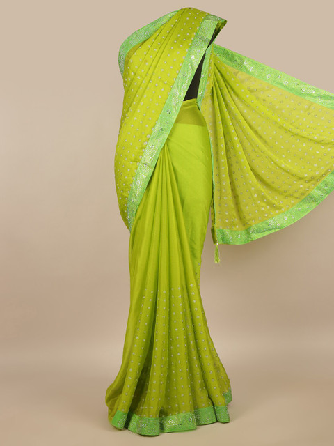 

Pothys Green Beads and Stones Poly Chiffon Saree
