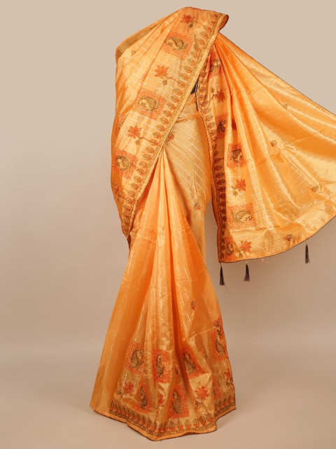 

Pothys Orange & Gold-Toned Paisley Embroidered Saree