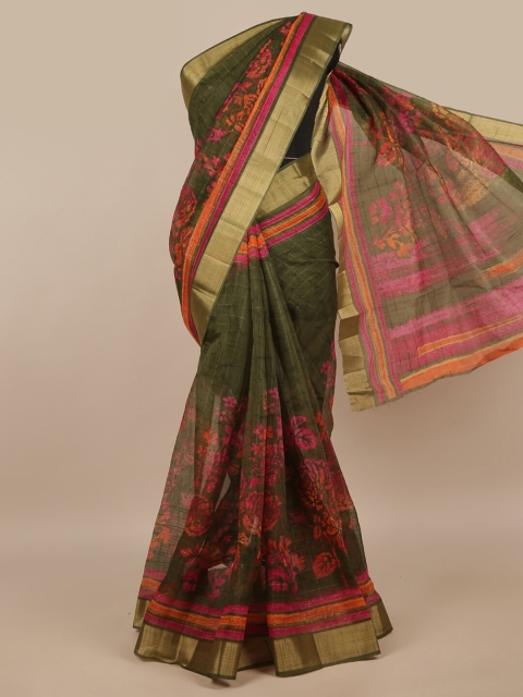 

Pothys Green & Orange Floral Printed Zari Jute Silk Saree