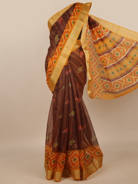 

Pothys Brown & Orange Ethnic Motifs Jute Silk Saree