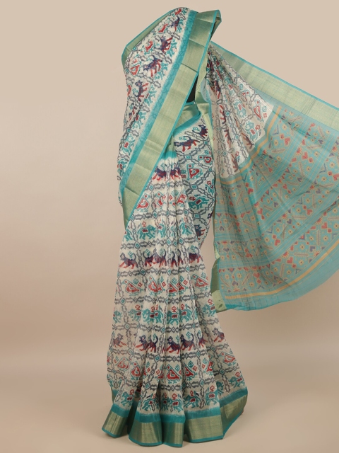 

Pothys White & Turquoise Blue Ethnic Motifs Zari Jute Silk Saree