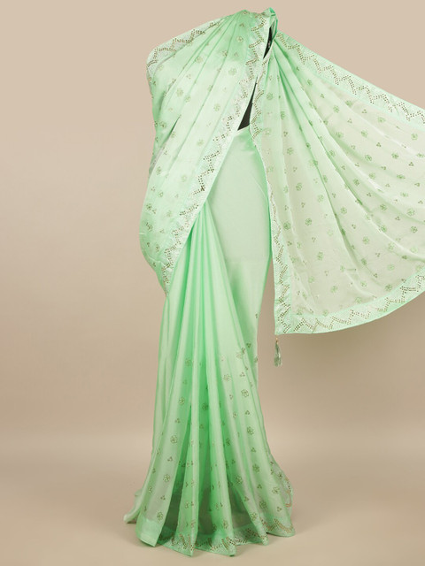 

Pothys Green & Silver-Toned Floral Embroidered Saree
