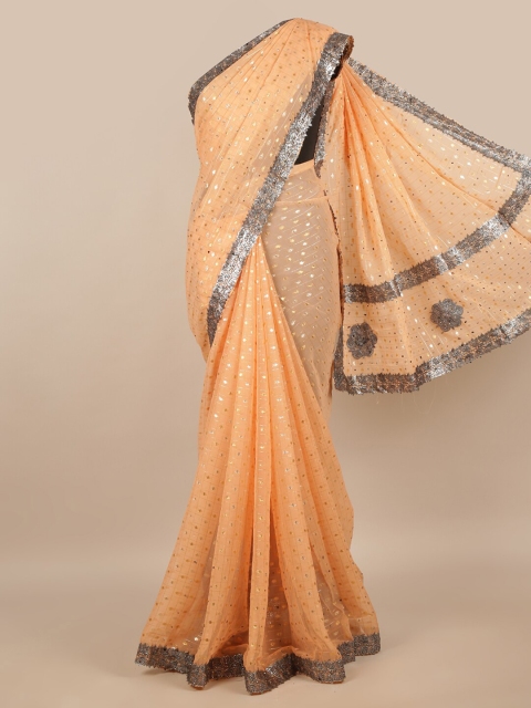 

Pothys Peach-Coloured & Grey Embellished Chiffon Saree