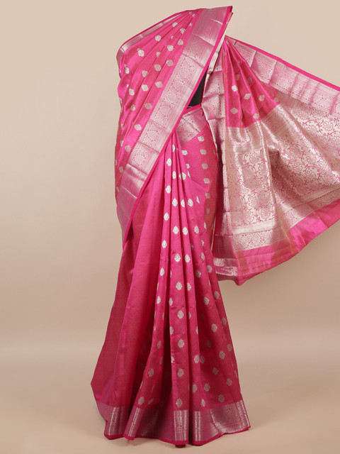 

Pothys Pink & Silver-Coloured Ethnic Motifs Zari Jute Silk Saree