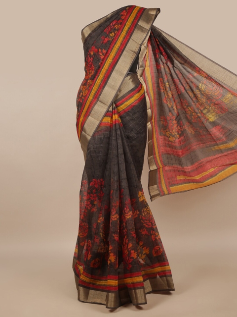 

Pothys Grey & Red Floral Jute Silk Saree