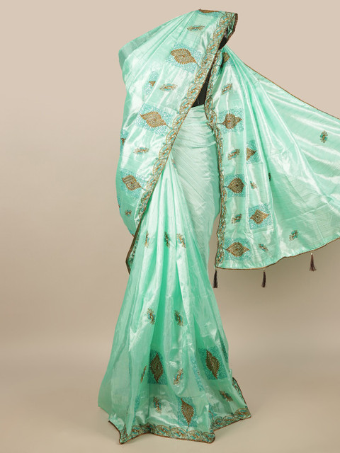 

Pothys Sea Green & Gold-Toned Ethnic Motifs Embroidered Saree