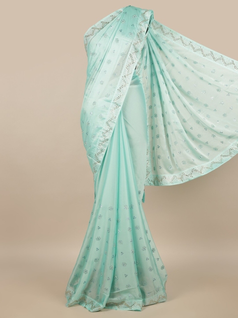 

Pothys Green & Silver-Toned Floral Beads & Stones Saree
