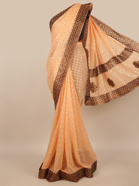 

Pothys Peach-Coloured & Gold-Toned Chiffon Saree