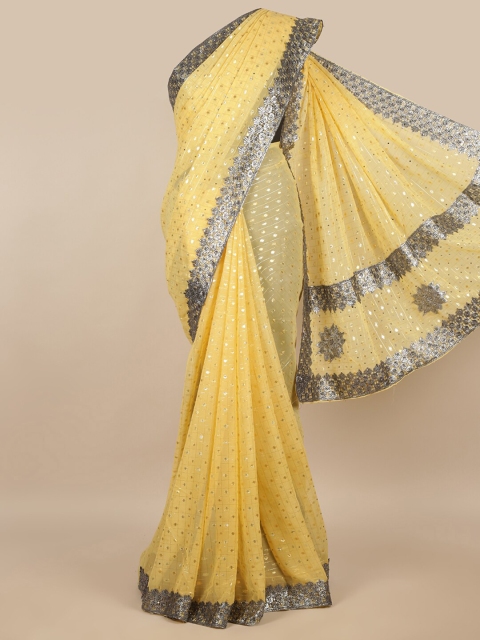 

Pothys Yellow & Silver-Toned Checked Saree