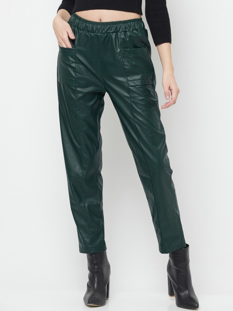 

iki chic Woman Green Non Iron Faux Leather High Waist Trousers