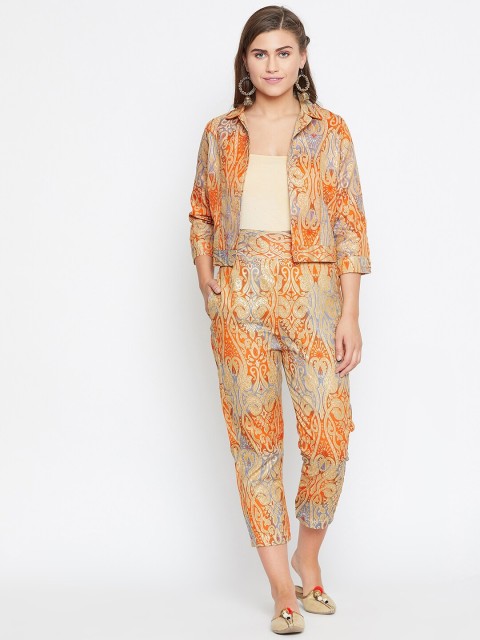 

TULIP 21 Women Orange & Purple Printed Pure Silk Jacket With Trousers